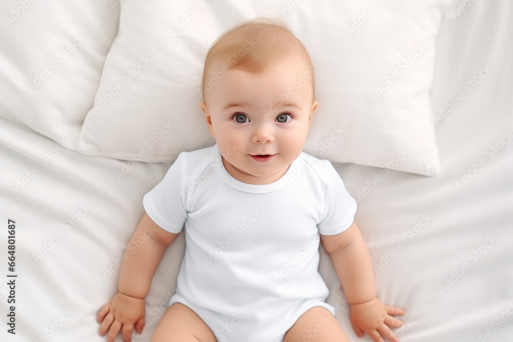 Baby wearing white shirt bodysuit mock-up on the white bed Baby wearing white shirt bodysuit mock-up on the white bed