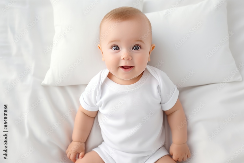 Baby wearing white shirt bodysuit mock-up on the white bed Baby wearing white shirt bodysuit mock-up on the white bed