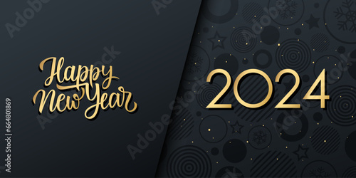 2024 New Year luxury festive banner with golden handwriting Happy New Year. Black and gold colors. Vector illustration.	