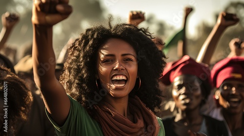 Black democracy movement, black human rights movement. activism and social consciousness, 90s Ethiopia, Africa people holding up signs and banners with messages of unity, equality, and justice. © yj