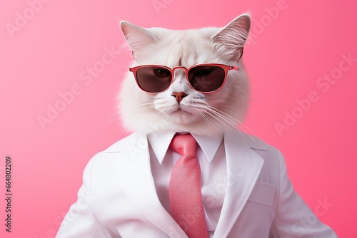 A cat is wearing sunglasses and suit on Pink Background.