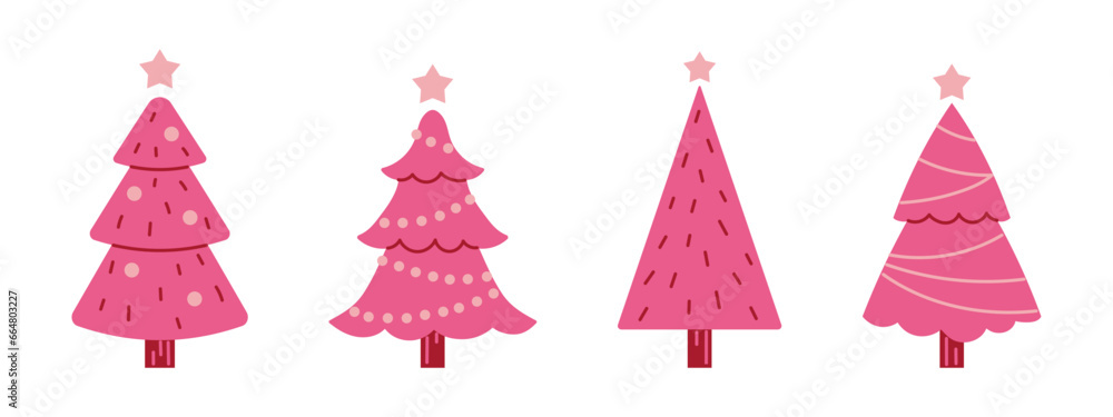 Vector set of y2k pink christmas trees. Glamour stylish fir trees with garlands and balls. New Year and Christmas celebration. Vector set of y2k pink christmas trees. Glamour stylish fir trees with garlands and balls. New Year and Christmas celebration.