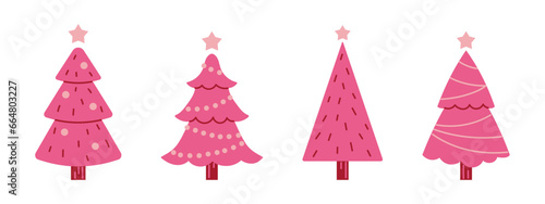 Vector set of y2k pink christmas trees. Glamour stylish fir trees with garlands and balls. New Year and Christmas celebration.