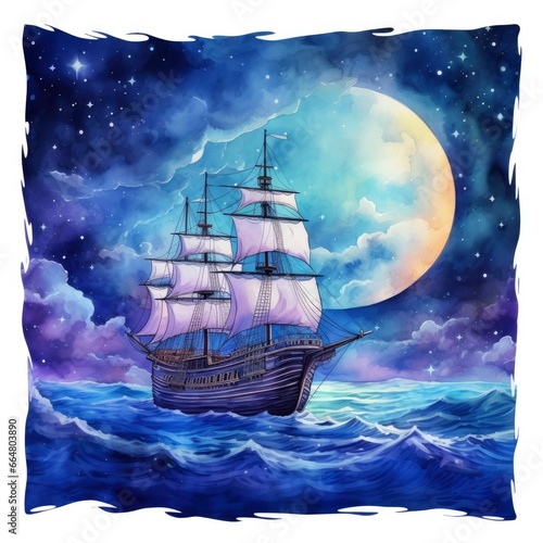 Night sea ship watercolor style for T-shirt design.