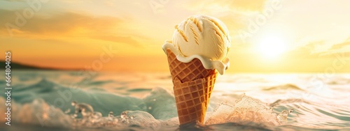 Banner with ice cream in a waffle cone on a summer day. photo