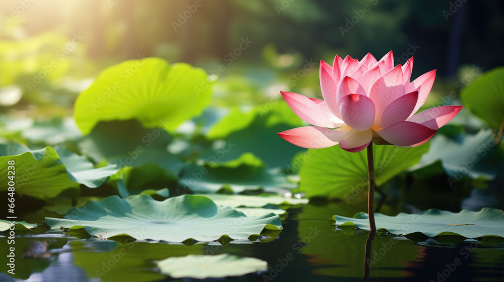 Beautiful pink lotus flower with a green leaf in the pond. Beautiful pink lotus flower with a green leaf in the pond.