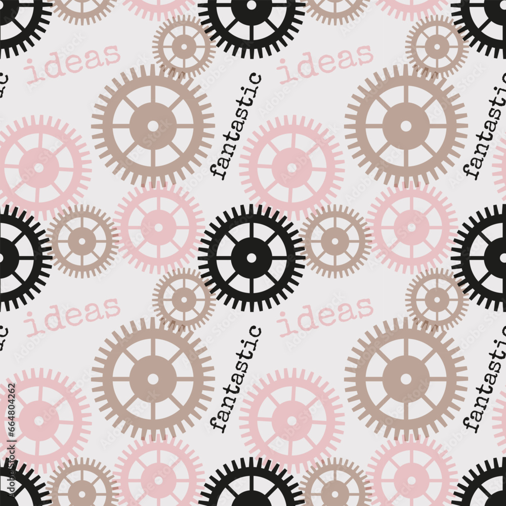 Pattern with gear wheels in steampunk style and the inscription Fantastic ideas, pink beige and black colors. Pattern with gear wheels in steampunk style and the inscription Fantastic ideas, pink beige and black colors.