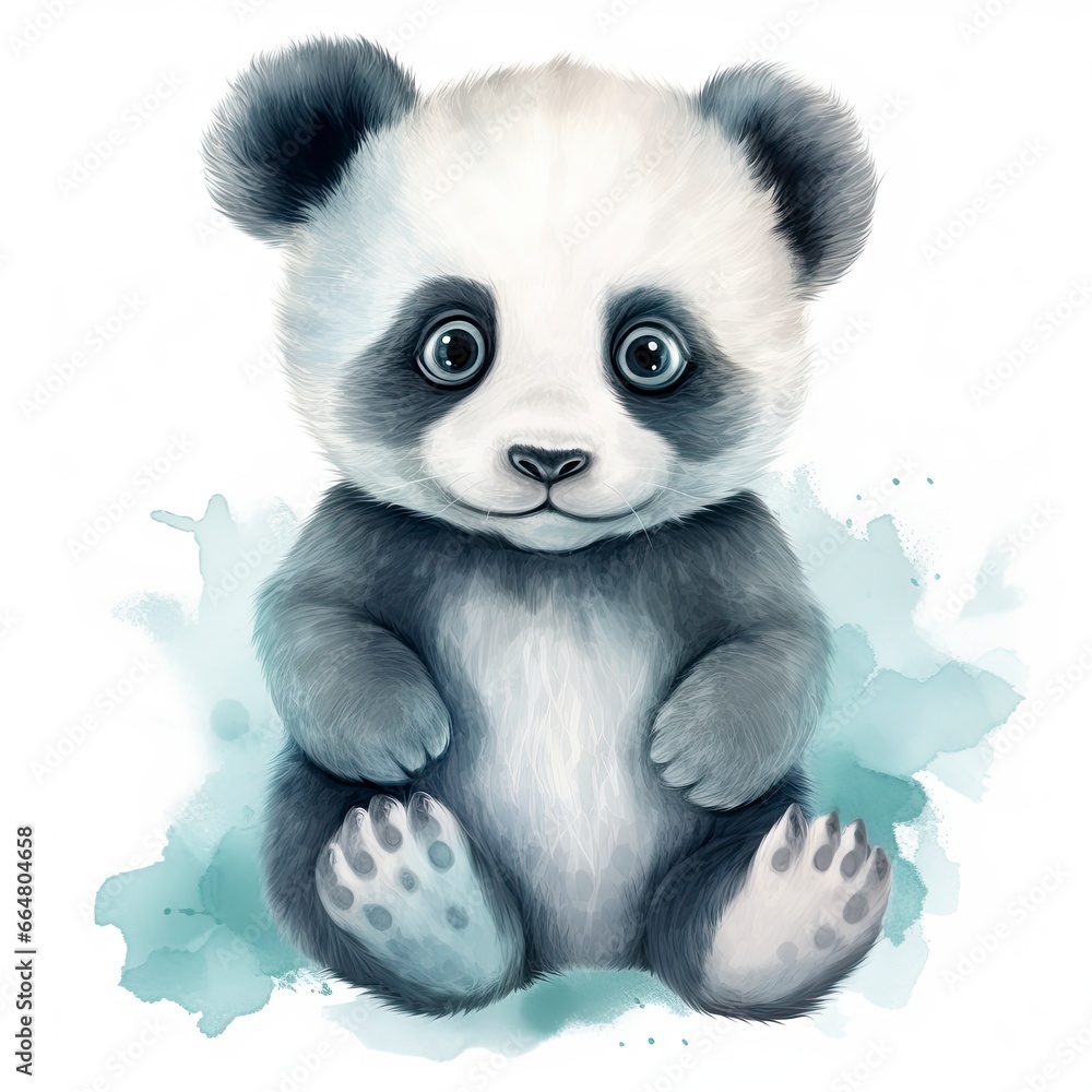 Watercolor fantasy Baby Panda clip art isolated white background.