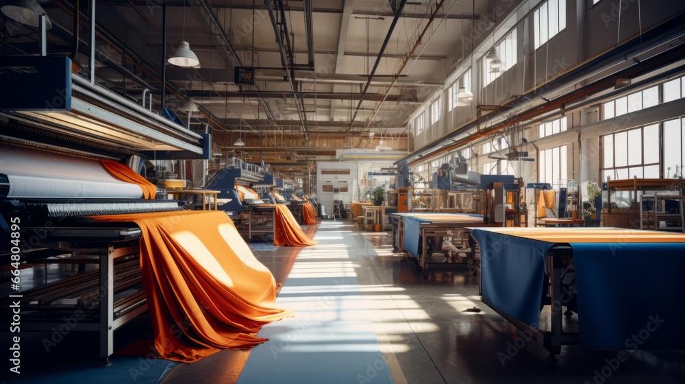 Obraz premium Textile industrial sewing machines at work in a factory, weaving a fabric manufacturing plant