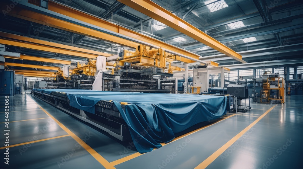 Obraz premium Textile industrial sewing machines at work in a factory, weaving a fabric manufacturing plant