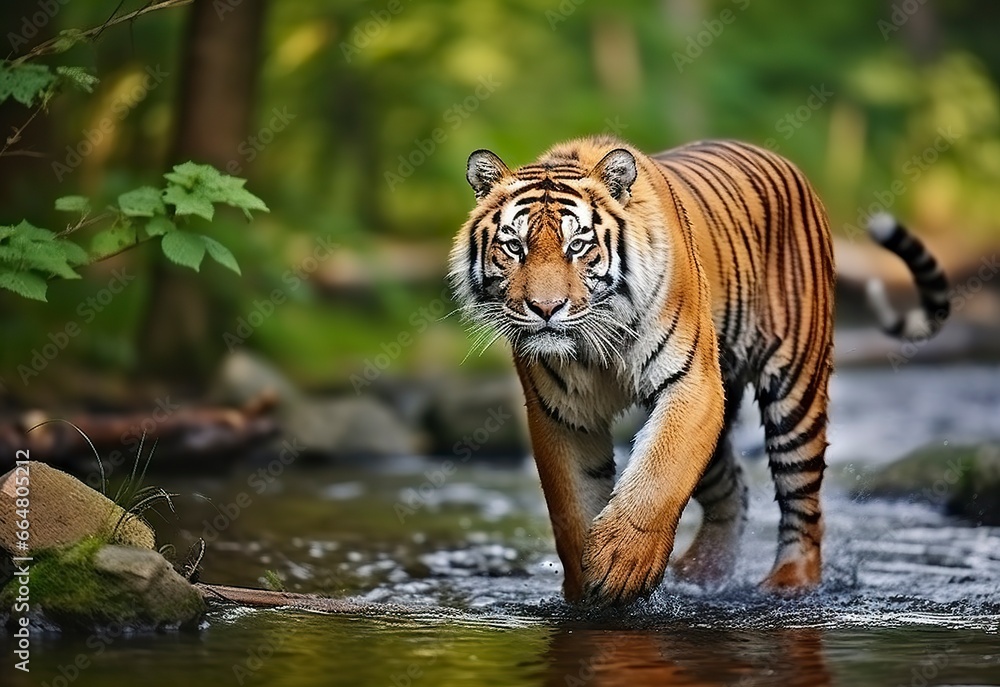 Amur tiger walking in the water. Dangerous animal.  Animal in a green forest stream.