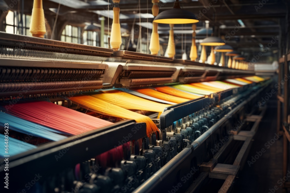 Textile industrial sewing machines at work in a factory, weaving a fabric manufacturing plant