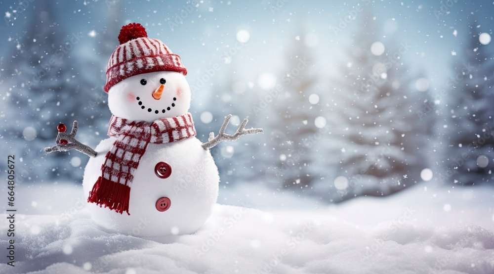 Happy snowman in the winter scenery.