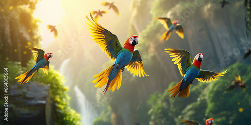 flock of bright parrots flying photo