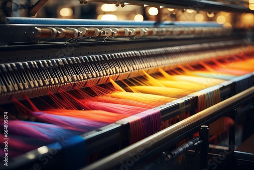 Textile industrial sewing machines at work in a factory, weaving a fabric manufacturing plant