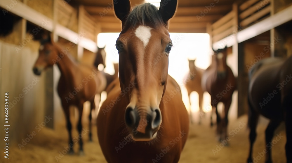 Cheval dans son écurie à la ferme, focus sur un animal avec d'autres chevaux dans le fond. - obrazy, fototapety, plakaty 