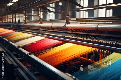 Textile industrial sewing machines at work in a factory, weaving a fabric manufacturing plant