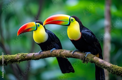 Toucan sitting on the branch in the forest.