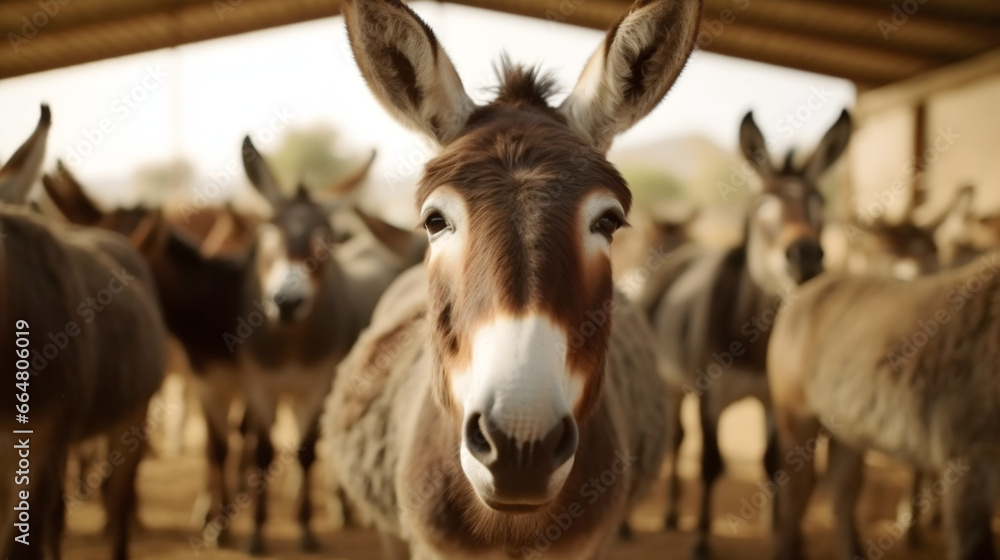 Âne dans l'étable à la ferme, focus sur un animal avec d'autres ânes dans le fond. Âne dans l'étable à la ferme, focus sur un animal avec d'autres ânes dans le fond.