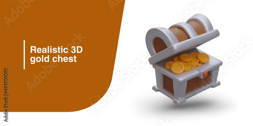 Realistic 3d gold chest with realistic chest with gold coins. Treasure hunt concept. Placard with place for text for online computer game. Vector illustration in brown colors