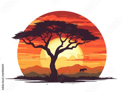 Doodle African sunrise or sunset, cartoon sticker, sketch, vector, Illustration, minimalistic