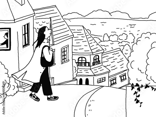 街を歩いている女性の線画ベクターイラスト