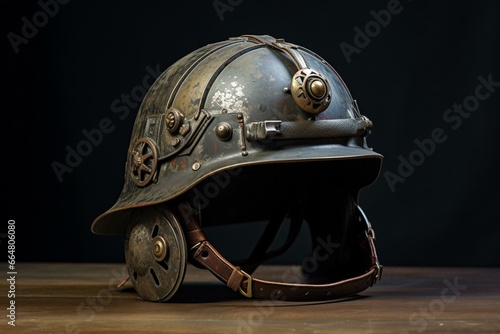 vintage war helmet with peace button. Generative AI photo