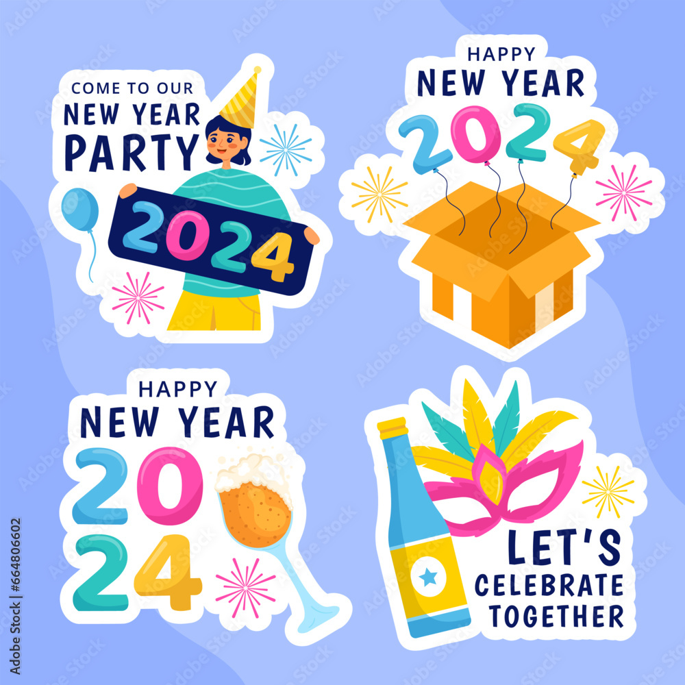 Happy New Year Label Illustration Flat Cartoon Hand Drawn Templates Background