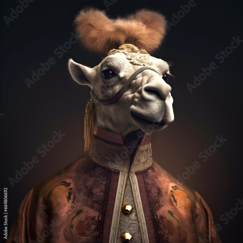 Fototapeta Naklejka Na Ścianę i Meble -  Realistic lifelike camel in renaissance regal medieval noble royal outfits, commercial, editorial advertisement, surreal surrealism. 18th-century historical	
