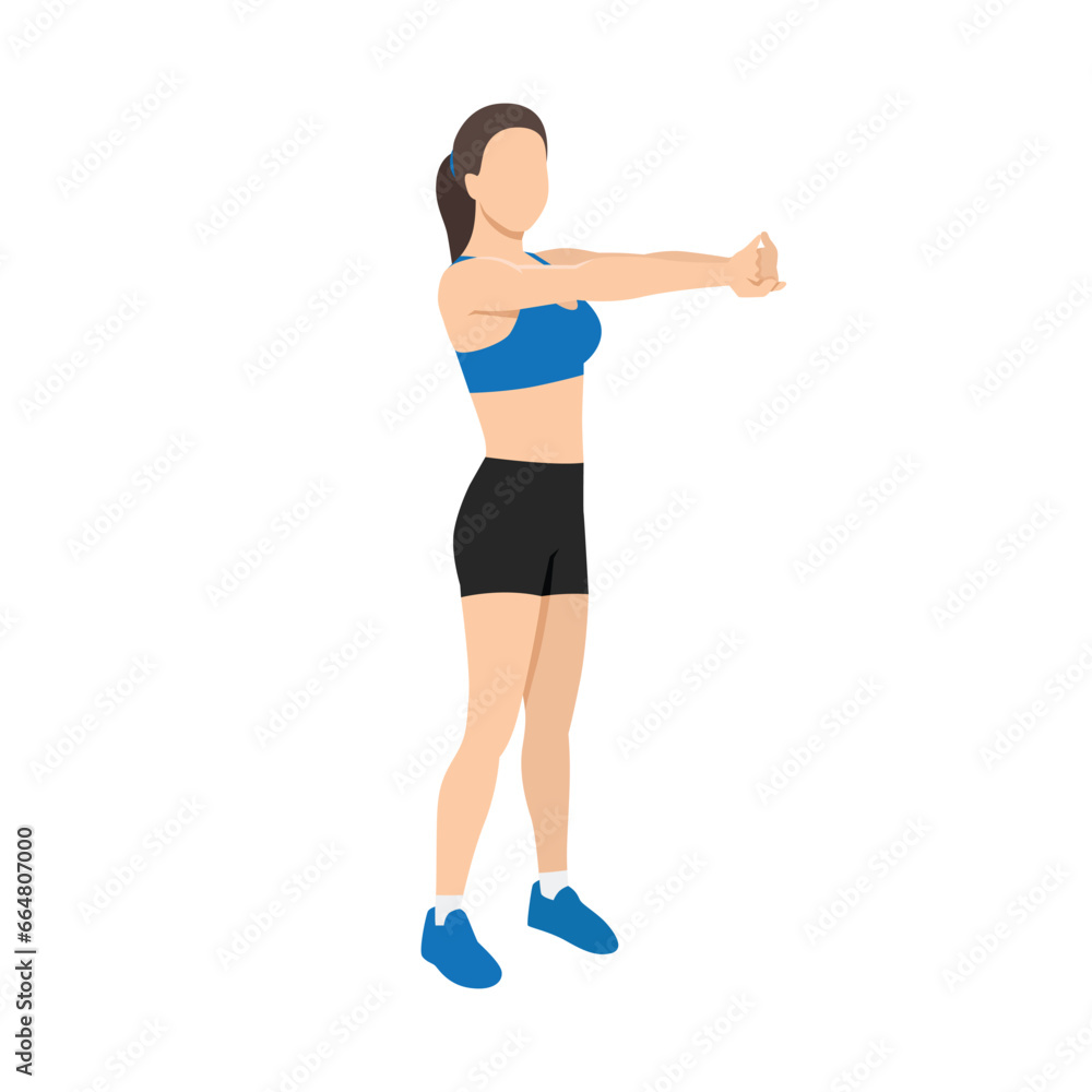 Woman doing upper back stretch exercise. Flat vector illustration isolated on white background Woman doing upper back stretch exercise. Flat vector illustration isolated on white background