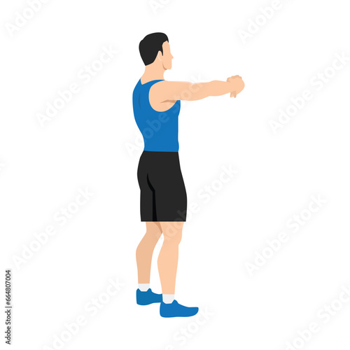 Man doing upper back stretch exercise. Flat vector illustration isolated on white background