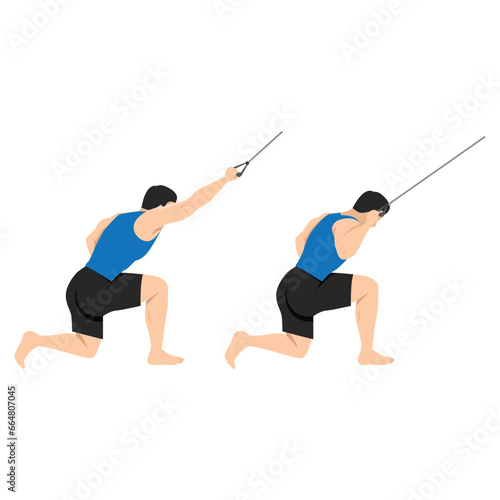 Man doing half kneeling lat pulldown exercise. One arm lat pull down. Flat vector illustration isolated on white background