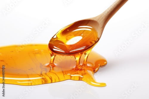 Honey dripping from a spoon on a white background. Puddle of honey.