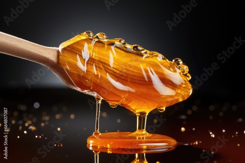 Honey dripping from a spoon on a dark background. Puddle of honey.