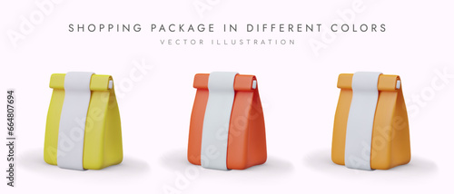 Poster with shopping package in different color. Concept of paper shopping bags for different products. Sale concept. Vector illustration in yellow, orange and red colors
