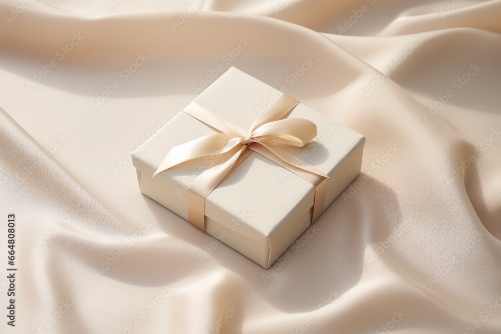 Minimalist modern looking gift box tied on smooth beige background Minimalist modern looking gift box tied on smooth beige background