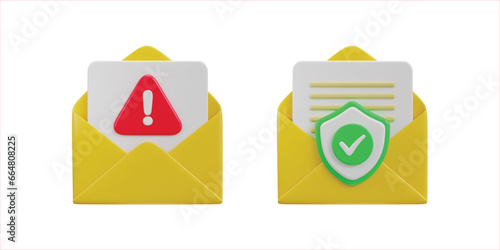 envelope on email verified and spam icon 3d render 