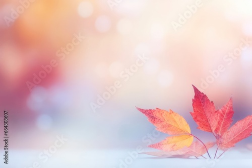 Autumn background. Branch of red and pink leaves on a bush on a blurred pink and red background