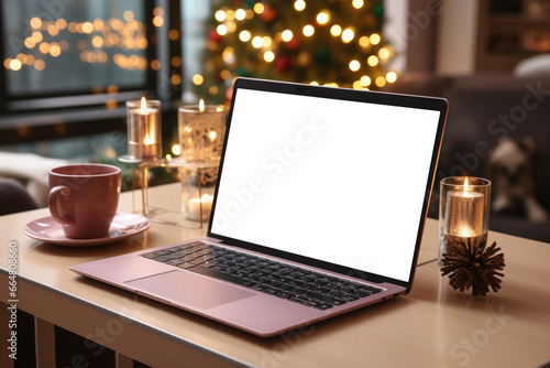 Laptop with white screen on wooden table against Christmas tree with festive bokeh . Mockup, gadget screen. Copy space.Holiday Christmas background mockup photo
