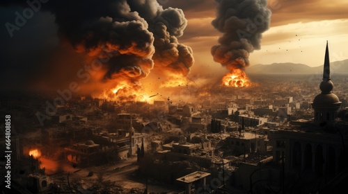 Airstrike on the city, Burning houses, Burning building affected by war.
