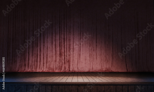 Magic theater stage red curtains Show Spotlight. 3d render, llustration.
