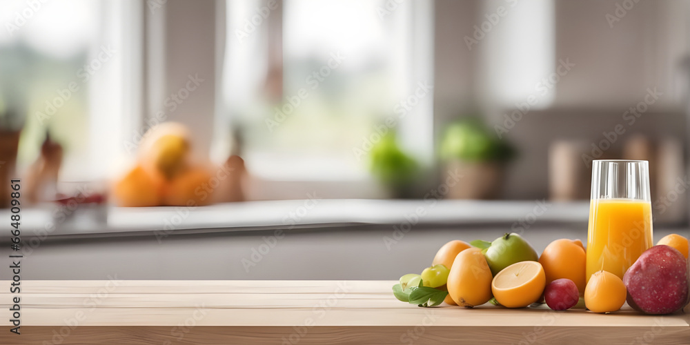 fruits and juice on wooden tabletop counter. in front of bright out of focus kitchen. copy space.