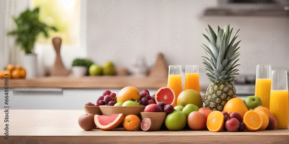 fruits and juice on wooden tabletop counter. in front of bright out of focus kitchen. copy space. fruits and juice on wooden tabletop counter. in front of bright out of focus kitchen. copy space.