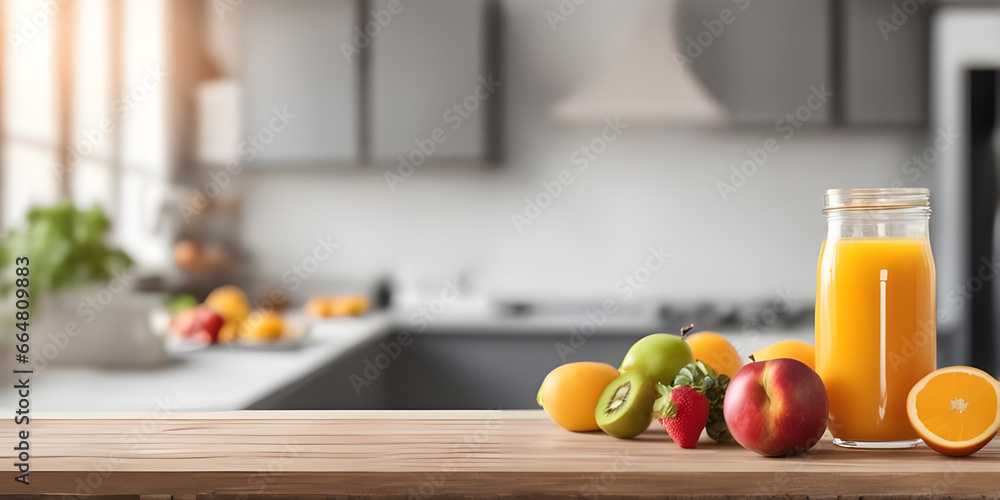 fruits and juice on wooden tabletop counter. in front of bright out of focus kitchen. copy space. fruits and juice on wooden tabletop counter. in front of bright out of focus kitchen. copy space.