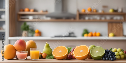 fruits and juice on wooden tabletop counter. in front of bright out of focus kitchen. copy space. © Smile Studio AP