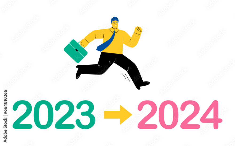 Business man jump between 2023 and 2024 years. Business concept. Welcome Happy New Year 2024. Flat vector illustration isolated on white background Business man jump between 2023 and 2024 years. Business concept. Welcome Happy New Year 2024. Flat vector illustration isolated on white background