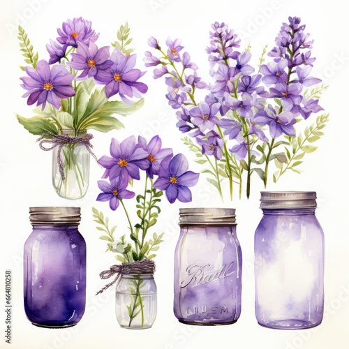 Collection of watercolor mason jars with purple flowers clipart.