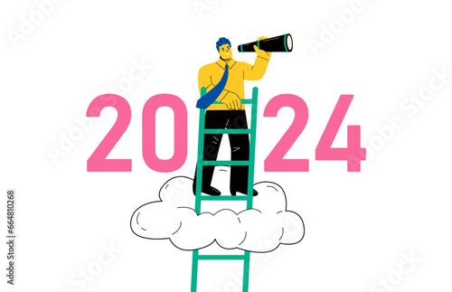 Business man with a telescope looks at the next year 2024. Successful prospects in the coming year. Flat vector illustration isolated on white background