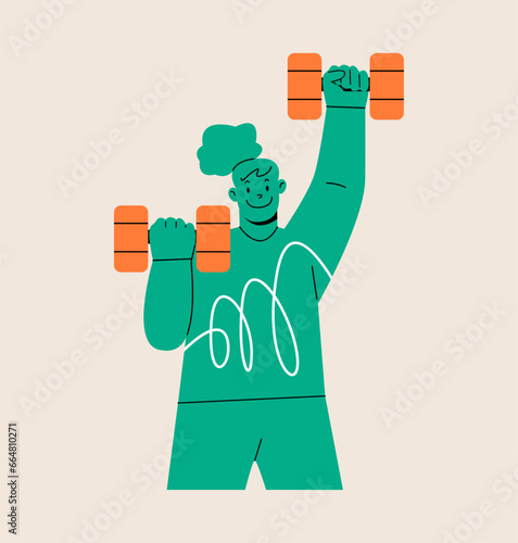 Woman plays sports with dumbbells. Colorful vector illustration