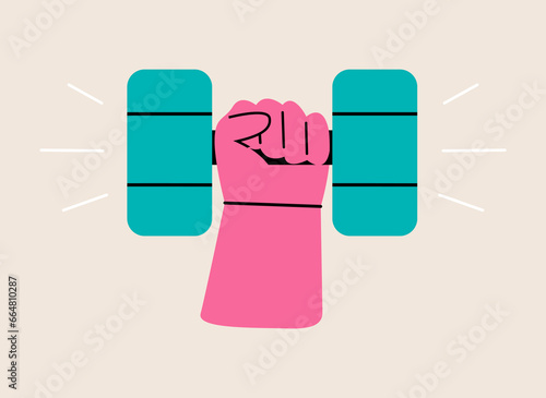 Hand hold dumbbell. Colorful vector illustration